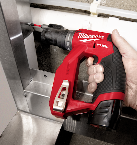 The compact Milwaukee M12 FUEL Installation Drill/Driver has four dedicated chucks for maximum versatility and tight-space reach and ample power — up to 300 inch-pounds of torque.