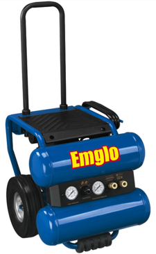 The Emglo Heavy-Duty Four-Gallon Stacked Tank Contractor Air Compressor (E810-4V) and Heavy-Duty Four-Gallon Dolly-Style Stacked Tank (EM810-4M -- shown here) incorporate features designed to address contractors’ frustrations with performance, durability and reliability on the jobsite. 