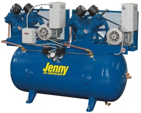 Jenny Products, Inc. announces its complete line of single- and two-stage duplex compressors. Each unit is equipped with two pumps and two electric motors, which can be operated separately or at the same time.