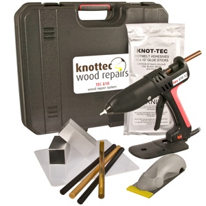The KNOT-TEC Wood Repair Starter Kit gives a manufacturer all the  tools needed to begin repairing knots and filling in wooden surfaces to help lower operating costs and reduce environmental waste.  The result is wood surfaces that are smooth with blemishes hardly noticeable before painting or finishing. 