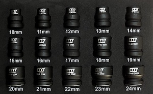 KT Pro Tools' new Mighty Seven (M7) MA42015 15-piece stubby impact socket set ranges in size from 10mm to 24mm.