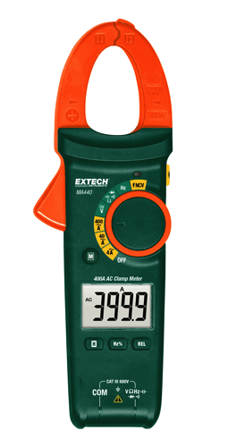 The Extech MA440 measures AC current up to 400A, DC and AC voltage up to 600 volts, resistance, capacitance and frequency.
