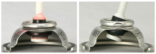 Left photo illustrates how cured polyurethane foam hardens between seal and stem, preventing valve from opening.   Right photo illustrates how patented technology, which includes specifically designed plastic and rubber materials, resists the gluing effect of moisture cured foam, allowing the valve to open when toggled.