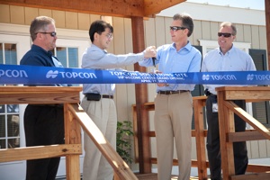 Topcon Positioning Systems (TPS) on April 27 officially opened Phase 1 of the renovation of the 12-acre acre training and test site and dedicated the new VIP Welcome Center. Pictured from left: Mark Contino, Mick Yamazaki, Ray O’Connor, Mark Bittner.