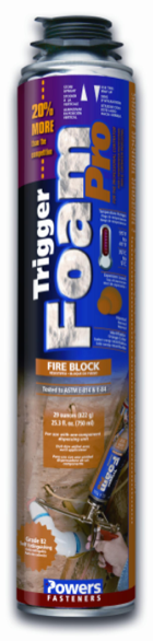 Powers TriggerFoam Pro FireBlock adheres to wood, metal, masonry and concrete, seals gaps and joints, insulates, stops air infiltration and saves time and money and is ideal for use around pipes, wires and ductwork.