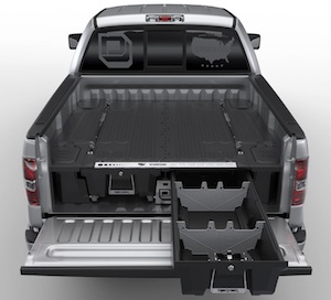 The DECKED full-sized truck bed storage system incorporates two waterproof, bed-length drawers which roll out to provide easy access to tools, equipment and additional gear. 