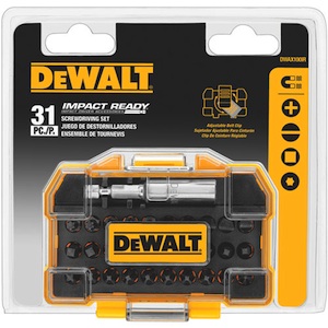 The DEWALT DWAX100IR includes the most common IMPACT READY bits in a screwdriving set. Tips include Phillips, slotted, square and Torx.