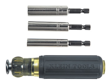 Klein Tools' Power Nut Driver Set includes the handle and three 2" (51 mm) magnetic power nut drivers (1/4”, 5/16”, and 3/8”).