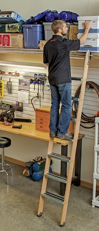 The Rockler utility ladder is ideal for access to elevated storage areas in garage or shop areas, making it easy to stow items up high and quickly retrieve them when needed.