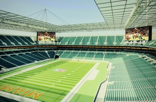 A rendering that shows what a new roof may look like from the inside of Dolphin Stadium. The upgrades being discussed included, new seats, a new lower bowl, and a roof over the seating area.