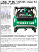 Metabo HPT 36V MultiVolt Cordless 2-Gal Brushless Compressor