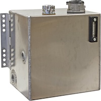Buyers’ aluminum hydraulic reservoir with a tank-mounted, return-line filter is constructed of 0.125-inch thick smooth aluminum with welded mounting angles.