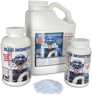Blue Monster Drain Banger, a professional-strength drain opener that devours hair, grease, soap and organic matter in less than 60 seconds, is now available in three convenient sizes from Clean-Fit Products, a division of The Mill-Rose Company.