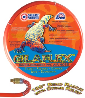 GilaFlex Inner-braided PVC Air Hose from Coilhose Pneumatics features a highly visible safety orange outer cover does not trap dirt and is easy to clean and its special blend of PVC has no memory, so the hose lays flat on the ground. 