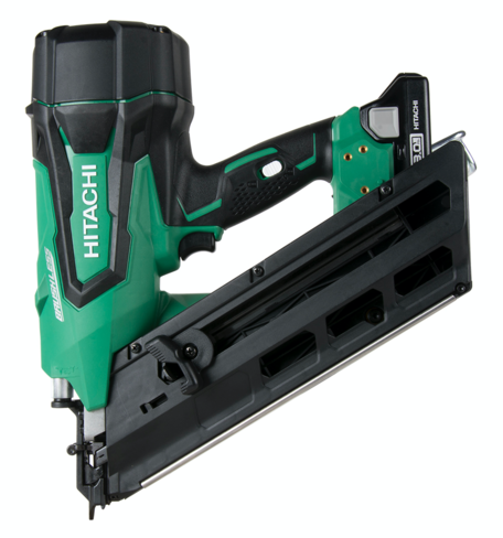 The Hitachi NR1890DC 18V Cordless Paper Tape Nailer accepts 2” up to 3-1/2” 30°+/- paper tape strip fasteners (either clipped head or offset round head). 