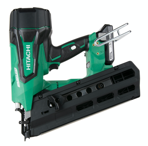 The Hitachi NR1890DR 18V Cordless Plastic Strip Nailer accepts 2” up to 3-1/2” 21° plastic collated strip fasteners.