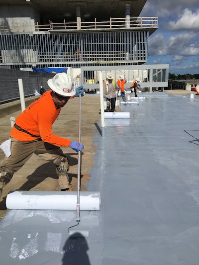 The new Kemperol 2K-FR color series from Kemper System America offers an alternative where white roofs are not required or desirable. The cold liquid-applied reinforced membrane system is designed for extended life on low-slope roofs and available in five colors, including Stone Gray (shown).                                      
