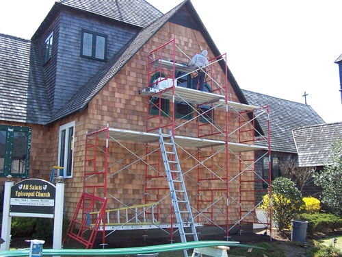 A crew member of John Tym Builders uses Manasquan stainless steel fasteners on a restoration project at the historic All Saints Episcopal Church, which first opened its doors in 1889 in Bay Head, N.J.