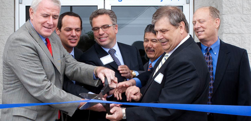 Attending the ribbon cutting ceremony on Pferd's new Milwaukee facility are (L-R) Milwaukee Mayor Tom Barrett, Jim Rueggeberg, CEO of August Rueggeberg GmbH & Co., Joern Bielenberg, CEO of August Rueggeberg GmbH & Co., Milwaukee District Nine Alderman Robert Puente, Sam Birel, VP of operations for Pferd Milwaukee Brush Co., and Gene Huegin, President of Pferd Milwaukee Brush Co.  