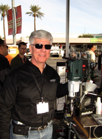 Metabo’s Terry Tuerk shows off the world’s first fully cordless mag drill, the 25.2-volt MAG 28 LXT 32.