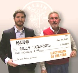 Tom Barton (L), product marketing manager at Klein Tools, congratulates Billy Teaford, Klein Tools' 2013 Electrician of the Year.  