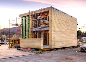 The structure was built using primarily screws versus nails to provide superior holding performance. Wall framing and sheathing were installed using Simpson Strong-Tie Quik-Drive auto-feed screw driving systems. Foam insulation was fastened to the structure using Strong-Drive SDWS Timber screws. 