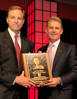 Topcon’s Ray O’Connor (right) pictured with Stu Levenick (left), 2013 AEM Chair,  who announced the induction of O’Connor into the AEM Hall of Fame. 