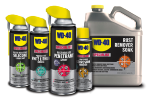 The new WD-40 Specialist line consists of five products: Rust Release Penetrant Spray; Water Resistant Silicone Lubricant; Protective White Lithium Grease; Long-Term Corrosion Inhibitor; and Rust Remover Soak.