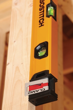 The Bostitch clamping level features torsion springs and aggressive teeth for a secure grip and hands-free use on dimensional lumber