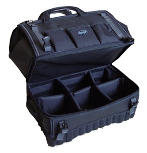 The model 68018 Pro Gatemouth Drop Bottom Tool Bag from Bucket Boss features a bottom compartment to organize extra battery packs and accessories and a rubberized waterproof bottom.