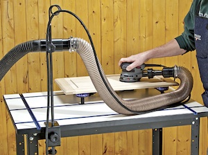 Rockler Woodworking and Hardware's Cord and Hose Holder is a corded power tool and dust collection accessory that suspends power cords and dust hoses above the bench and out of the way of the work area. 