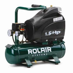 The Rolair FC1250LS3 air compressor features a 1.5-hp long-life motor and delivers 2.6 cfm at 100 psi. 