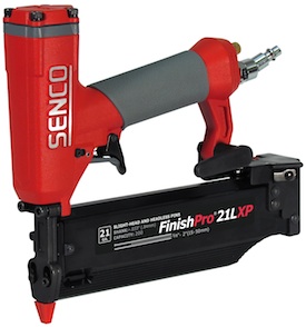The Senco FinishPro 21LXP is a slight/medium head 21-gauge pinner that delivers the holding power of a brad nail while leaving a much smaller indent that requires little to no filling.